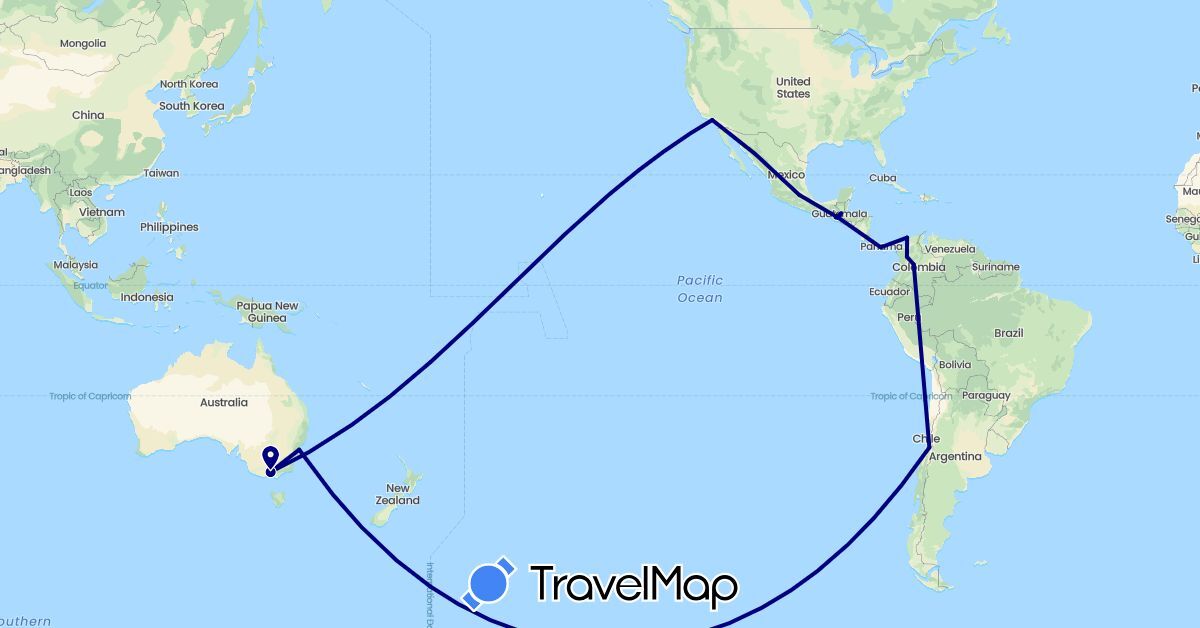 TravelMap itinerary: driving in Australia, Chile, Colombia, Guatemala, Mexico, Panama, United States (North America, Oceania, South America)